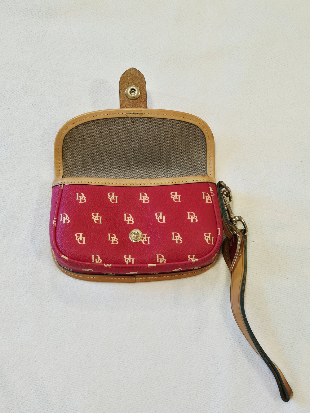Dooney & Bourke Dark Pink Signature Logo Wristlet with Tan Leather Trim - Picture 7 of 12